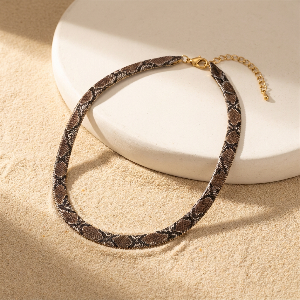 Collana a serpente Serpia in Pitone Marrone su pietra bianca e sabbia