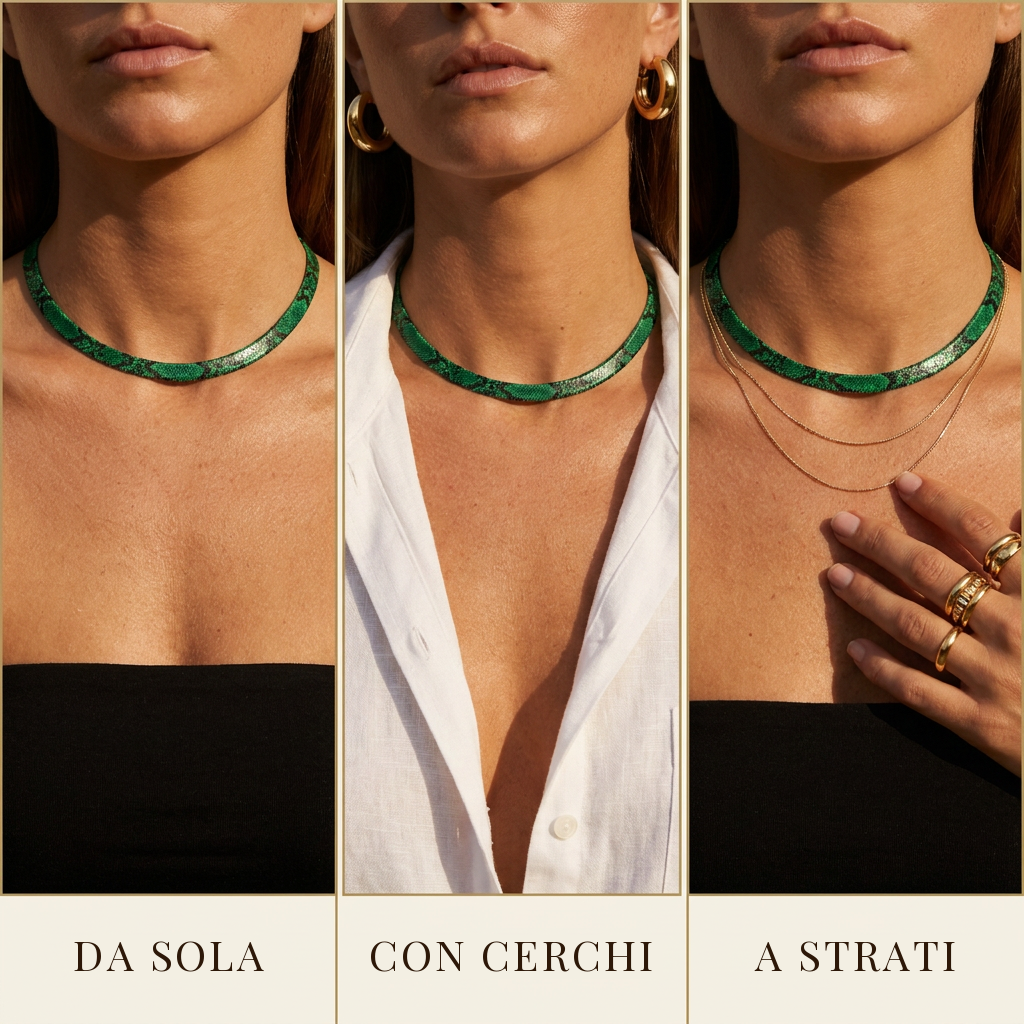 Tre modi di indossare la collana a serpente: da sola, con cerchi e a strati