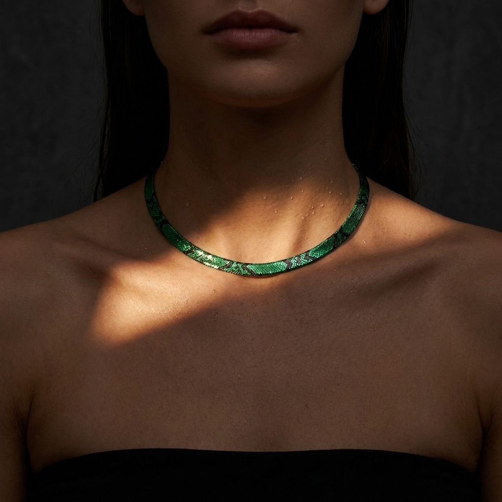 A beam of light across a woman's neck lighting an emerald snake chain necklace