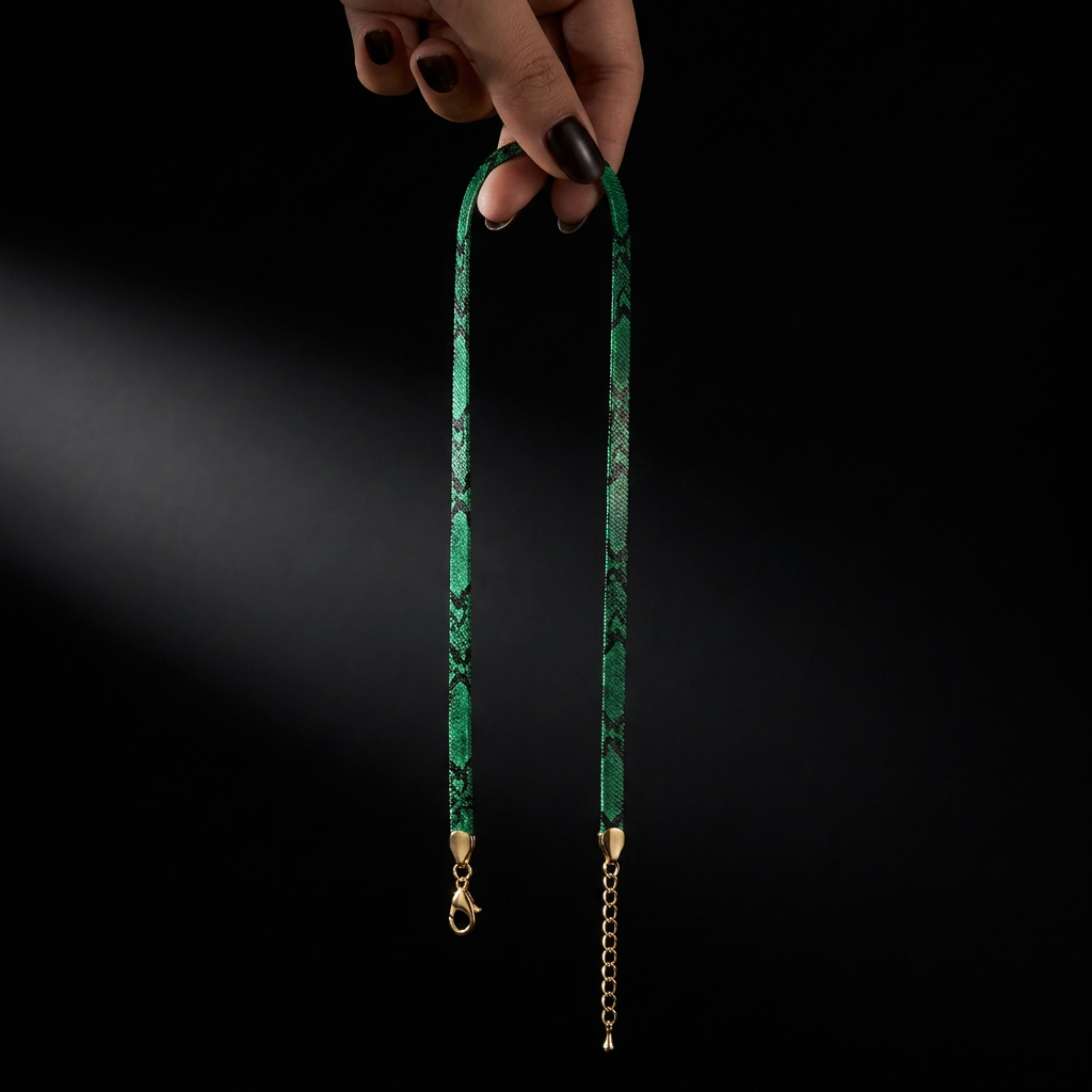 Hand holding the flat emerald snake chain necklace against a black background