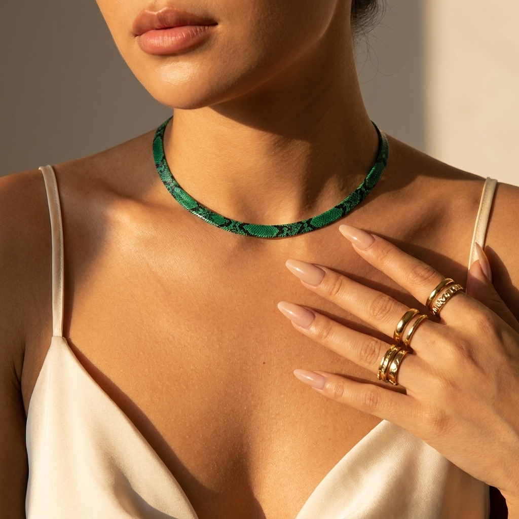 Woman in golden light wearing the emerald snake chain with stacked gold rings