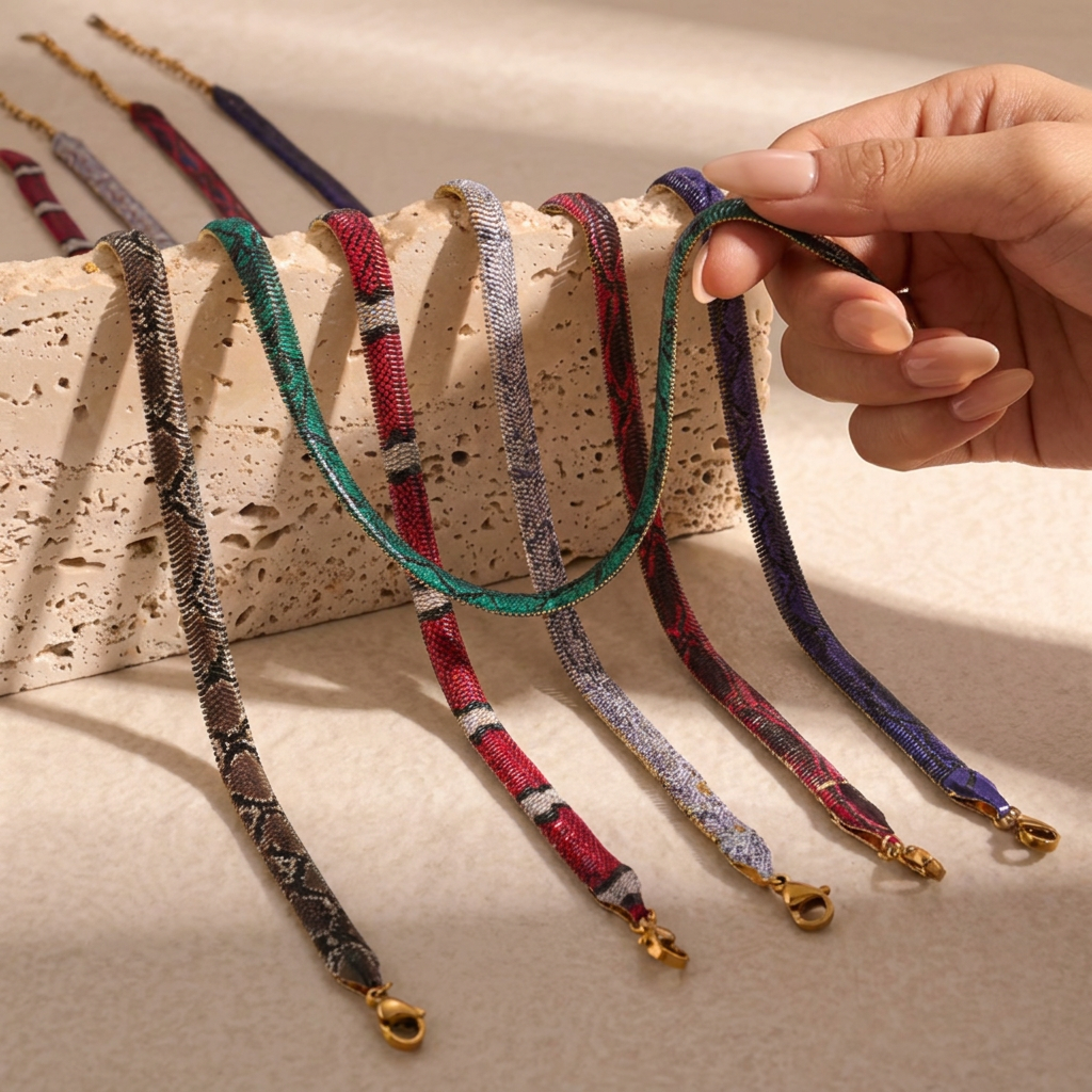 Six snake chain necklaces in different colors hanging on travertine
