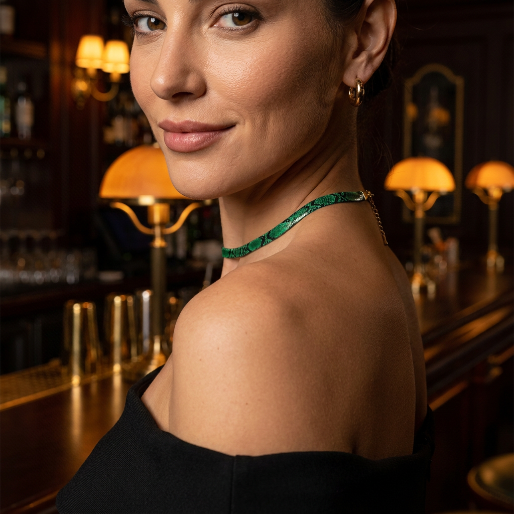 Woman glancing over her shoulder wearing the emerald snake chain necklace